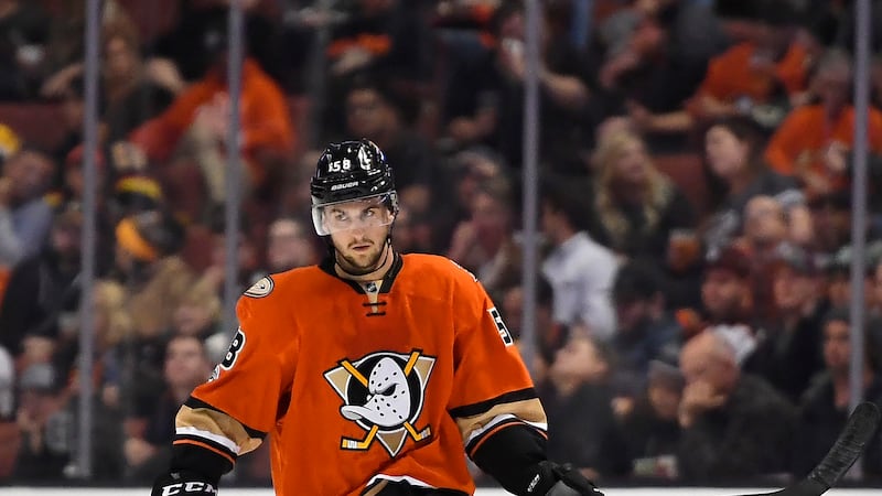 Anaheim Ducks left wing Nicolas Kerdiles stands on the ice during the second period of an NHL...