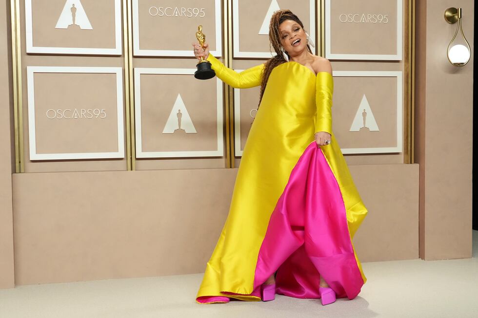 Ruth E. Carter poses with the award for best costume design for "Black Panther: Wakanda...