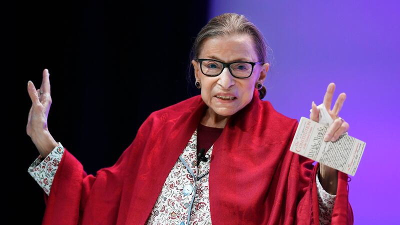 FILE - In this Oct. 3, 2019 file photo, U.S. FILE - Supreme Court Justice Ruth Bader Ginsburg...